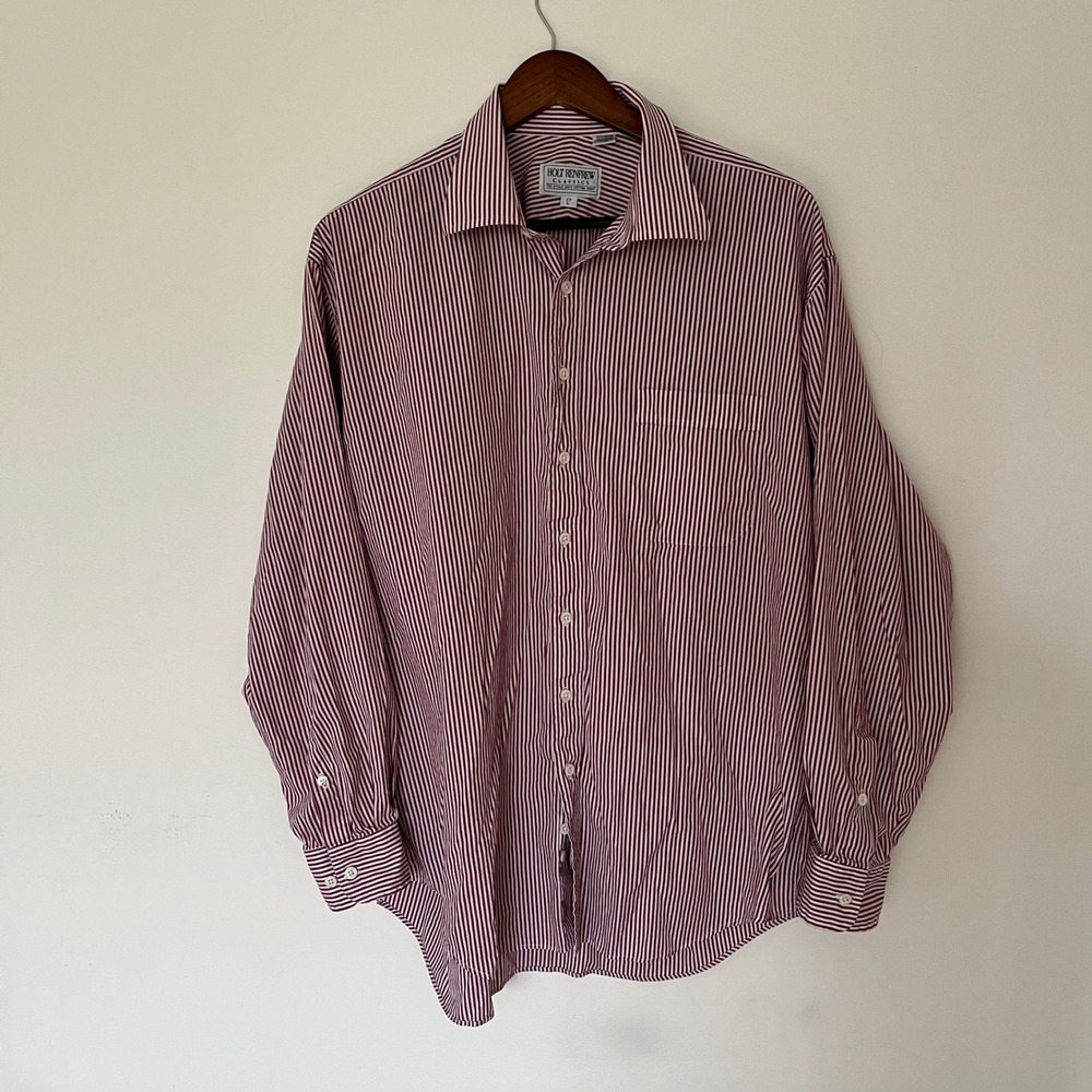 Holt Renfrew Classics Mens Burgundy White Striped Cotton Button Down Shirt 17 L